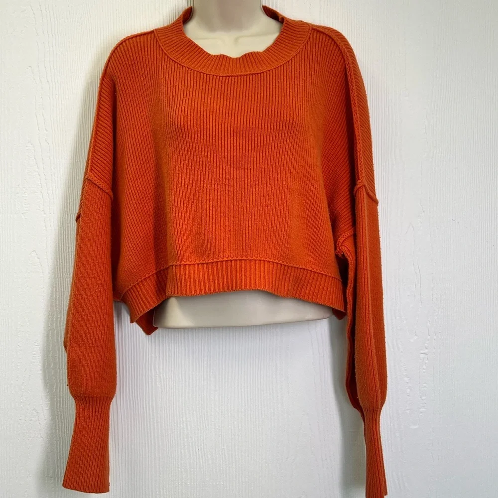 Free People - Easy Street Ribbed Pullover Orange Crop Sweater Size XS - Picture 2 of 11